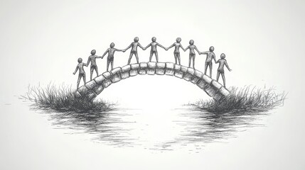 Building connections group of people on a bridge over water artistic illustration calm setting