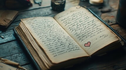 Obraz premium open book with pages gently turned, revealing a Valentine Day letter written in black ink with a heart doodle at the end