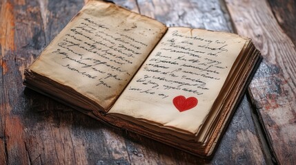 Obraz premium open book with pages gently turned, revealing a Valentine Day letter written in black ink with a heart doodle at the end
