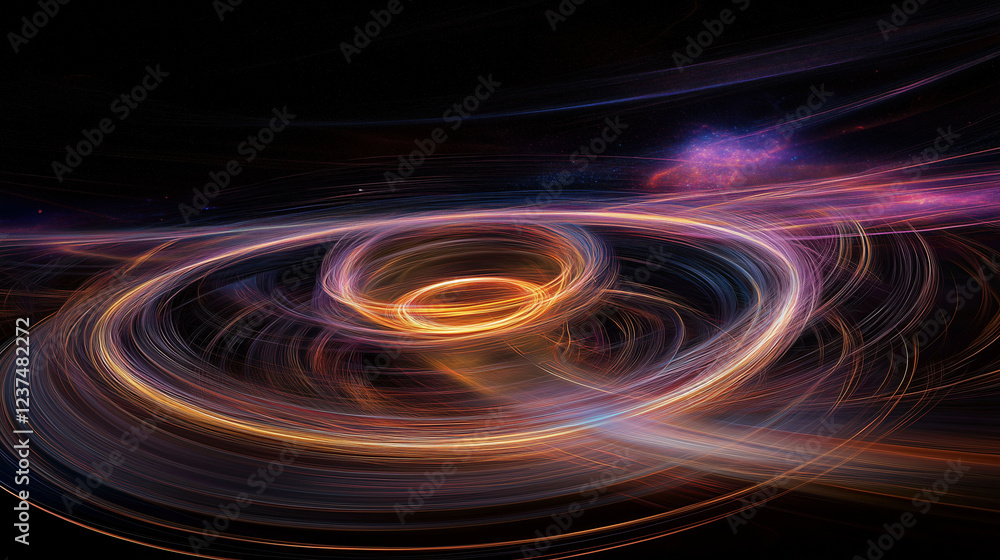 Poster stunning visualization of a black hole radiating energy with swirling light patterns in deep space. 