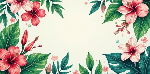 Fototapeta premium Vibrant Hibiscus and Lush Tropical Foliage Frame for Elegant Designs and Artistic Projects
