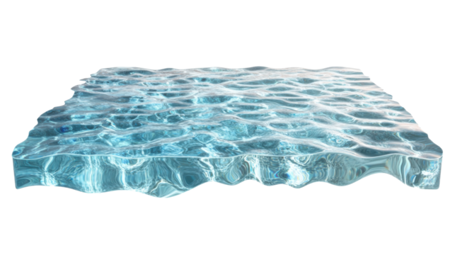 Transparent section of clear blue water gently rippling on transparent background