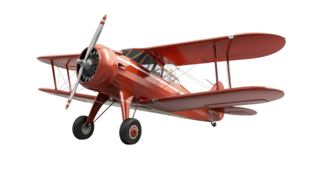 Red biplane flying with transparent background