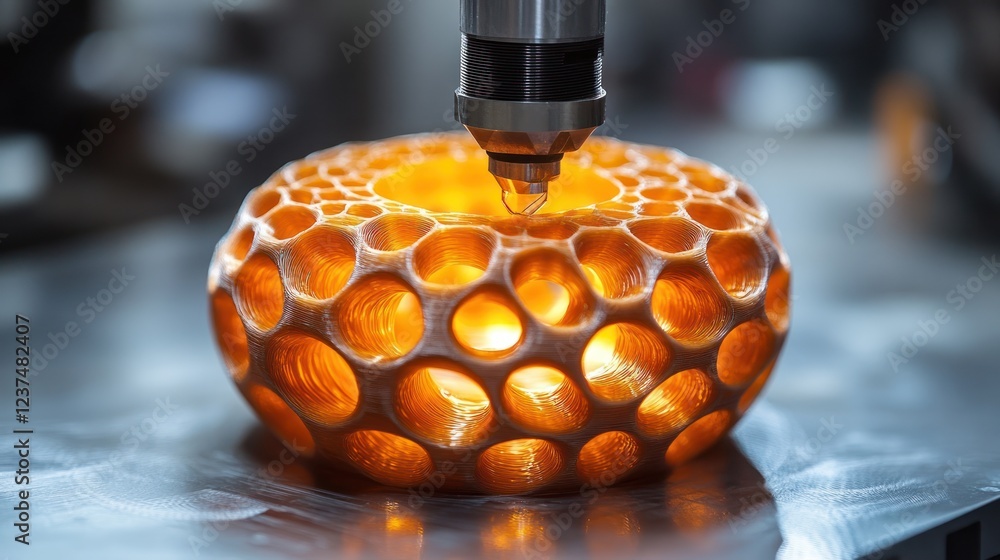 Poster 3d printing in action: creating an intricate orange decorative object