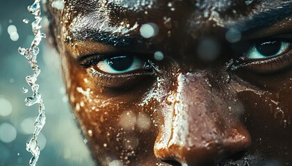 Closeup Portrait of a Man's Face Covered in Water Droplets, Intense Gaze, Dark Skin, Wet Skin Texture.