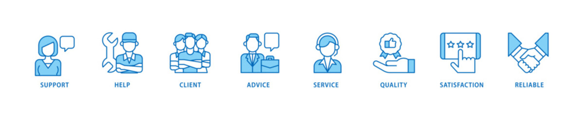 Customer care icon set flow process which consists of help, client, advice, chat, service, reliability, quality, and satisfaction icon live stroke and easy to edit .