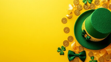 St. Patrick's Day background with a green hat, bow tie, and ribbons on a yellow color banner. 