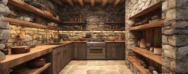 Rustic kitchen with stone walls and open wooden shelves