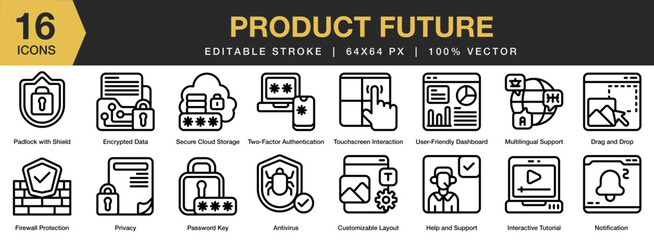 Product Future icon set. Editable Stroke Icon Collection. Includes future, product, technology, digital, space, display, and More. Outline icons vector collection.