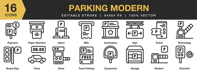 Parking Modern icon set. Editable Stroke Icon Collection. Includes architecture, modern, road, building, city, floor, and More. Outline icons vector collection.