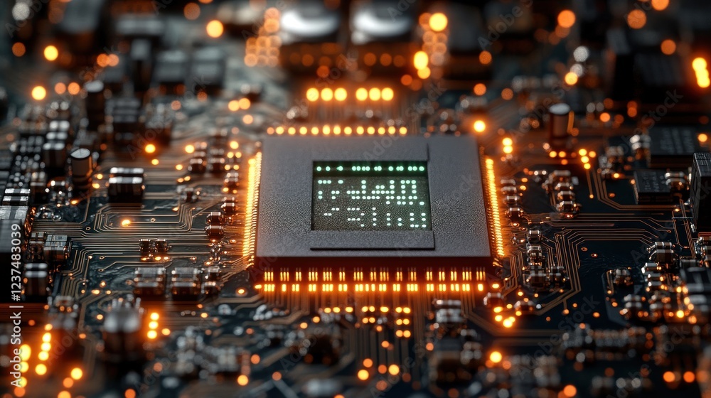 Poster close-up of a glowing microchip on a circuit board