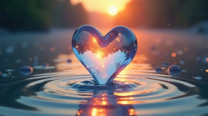 Fototapeta premium A Heart-Shaped Orb of Liquid Light Descends Upon Serene Waters at Sunset