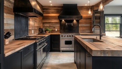 Rustic-modern kitchen with raw wood elements and sleek black finishes