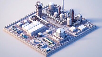 Isometric refinery complex; industrial manufacturing; energy production; clean background; for industry reports
