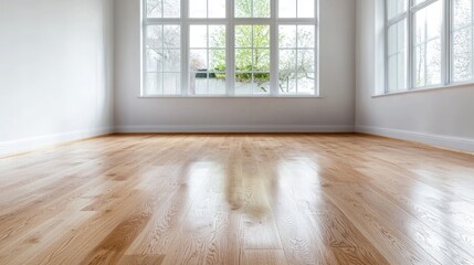 Fototapeta premium Bright empty room with hardwood floor, large windows, garden view
