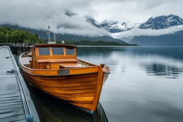Fototapeta premium Wooden boats moored at the pier with a beautiful sea view with bright blue clouds, fishing port pier and tourists