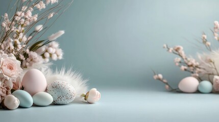 Obraz premium An elegant display of Easter-themed decor features soft pastel flowers and beautifully colored eggs arranged artfully against a light blue backdrop, creating a serene atmosphere
