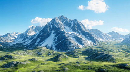 Fototapeta premium majestic mountain range under clear blue sky with scattered clouds, surrounded by lush green valleys. scene captures serene beauty of nature and grandeur of peaks