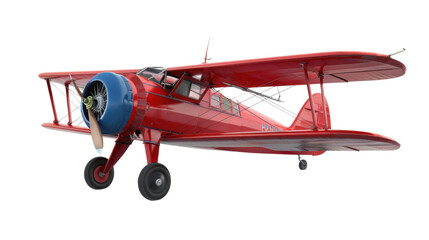 Red biplane flying on transparent background