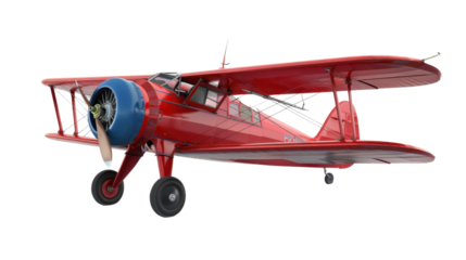 Red biplane flying on transparent background