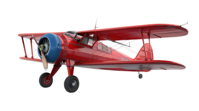Red biplane flying on transparent background