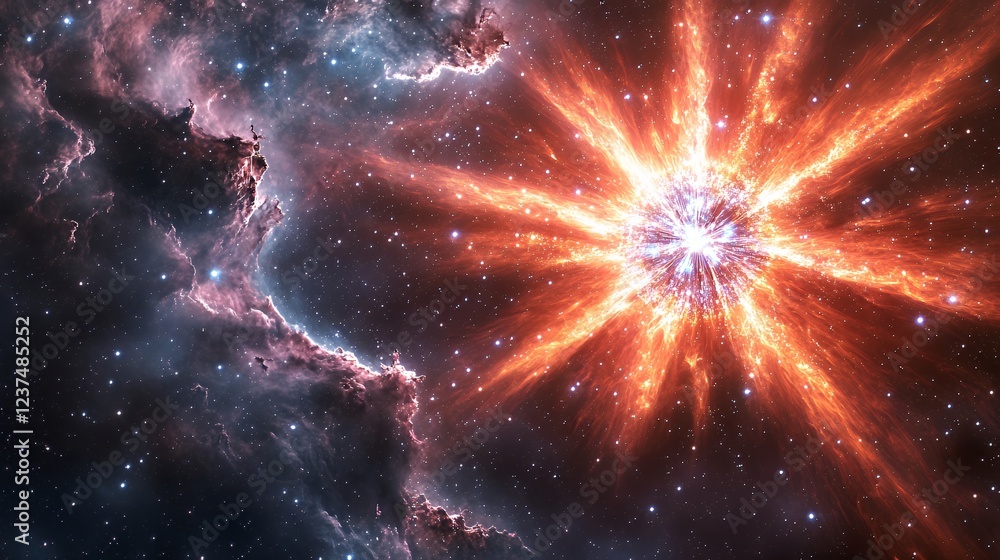 Poster cosmic explosion: fiery nebula burst in dynamic space art