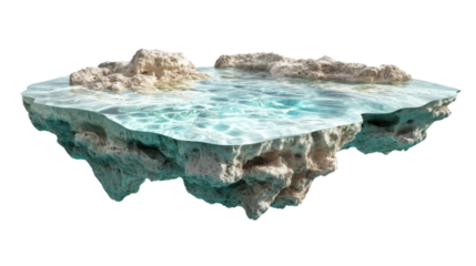 Floating island with crystal clear water on transparent background