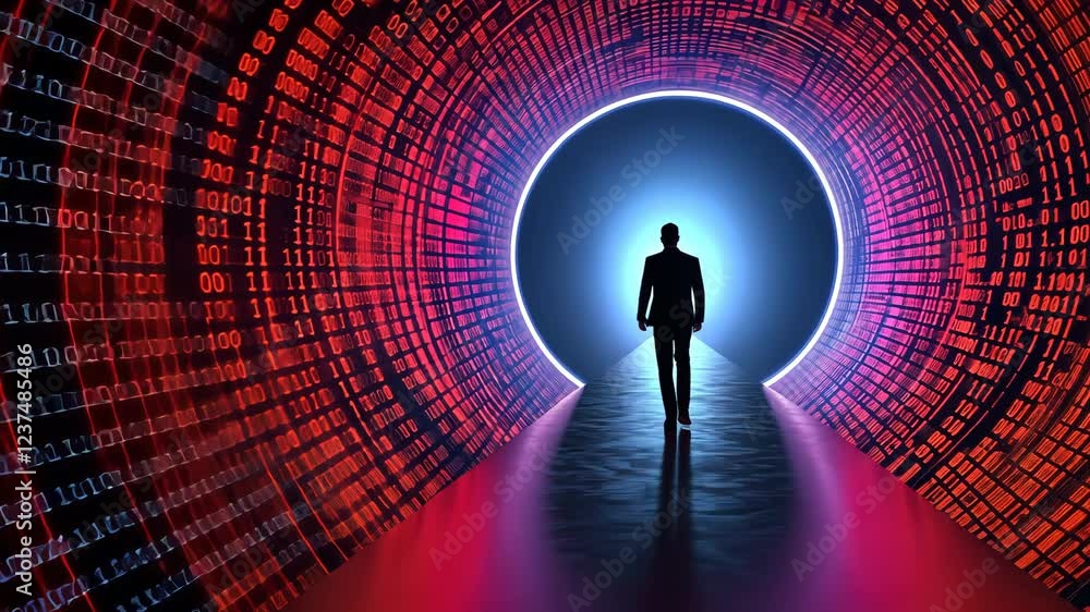 Poster silhouette of person walking through digital tunnel with binary code and glowing light, symbolizing 