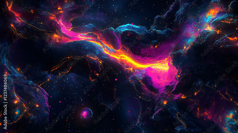 Poster stunning visualization of a black hole radiating in a vibrant expanse of cosmic colors and patterns.