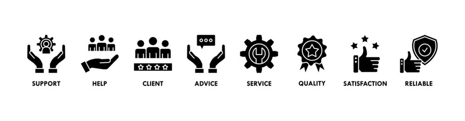 Customer care banner web icon vector illustration concept for customer support and telemarketing service with an icon of help, client, advice, chat, service, reliability, quality, and satisfaction