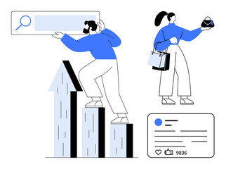 Two characters interact with digital elements one climbs a bar graph holding a search bar, while the other holds shopping bags and a globe. Ideal for marketing, SEO, content creation, social media