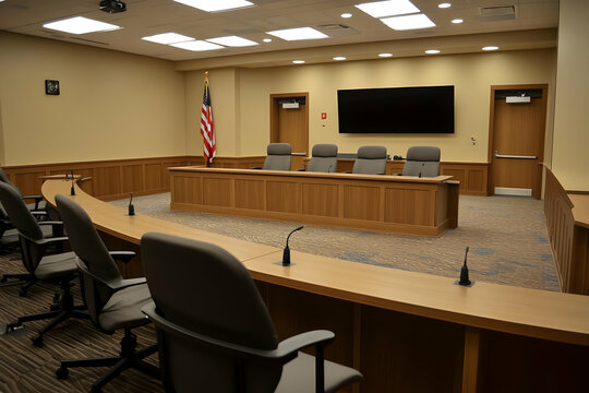 Modern Municipal Courtroom Interior with Wood Paneling and Audio Visual Equipment.