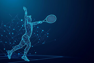 Glowing wireframe of a tennis player serving the ball, showcasing technology and athleticism in a dynamic composition