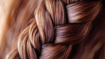 A close-up view of a beautifully woven brown braid, showcasing smooth, shiny hair strands and intricate styling.