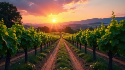 Fototapeta premium Golden Hour Vineyard Rows at Sunset Lush Green Vines Basking in Warm Light, Serene Countryside Landscape