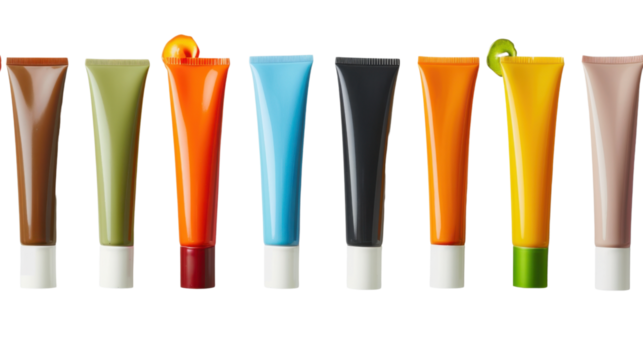 Colorful cream tubes squeezing out peach and kiwi slices on transparent background