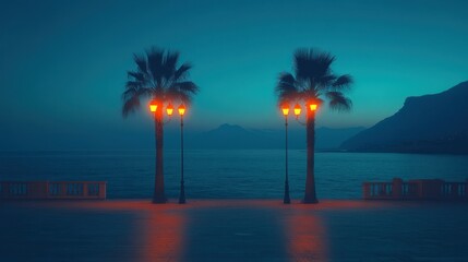 Serene Twilight: Palm Trees, Lit Coastline, and Tranquil Sea