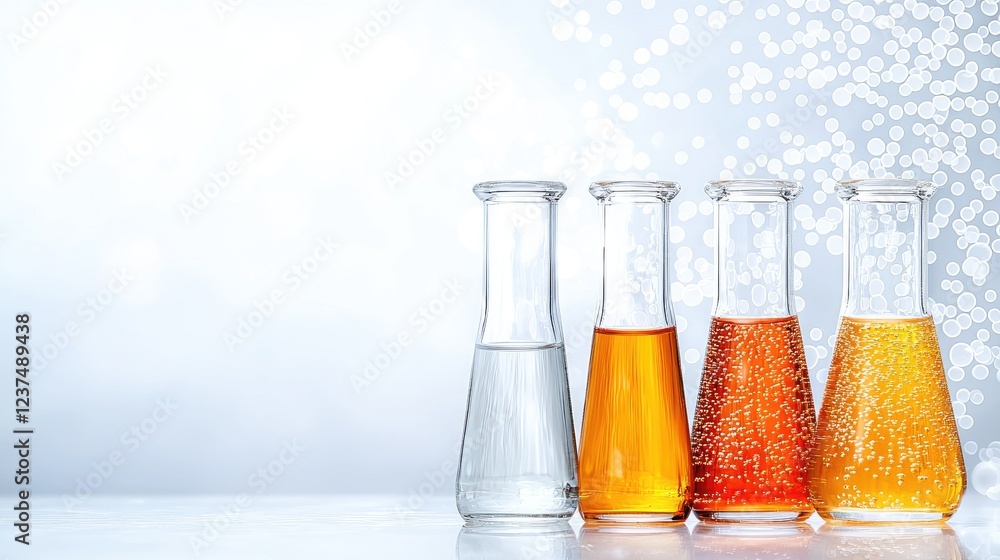 Aufkleber lab experiment four liquids in erlenmeyer flasks. science background