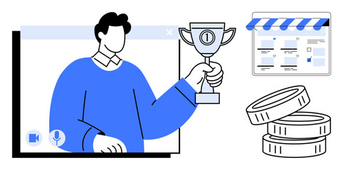 Man holding trophy during a video call signifies achievement. Adjacent is an online storefront and stacked coins. Ideal for success, ecommerce, online business, digital marketing, virtual events