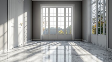 Obraz premium Sunlit elegant room, marble floor, French doors, autumn view. Interior design for home staging
