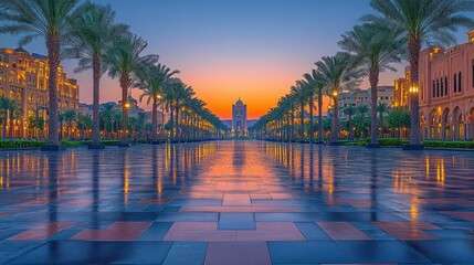 Sunrise over a Palm Tree Lined Avenue