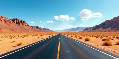 A scenic desert highway stretches towards a majestic mountain range under a vibrant blue sky, promising adventure and the open road