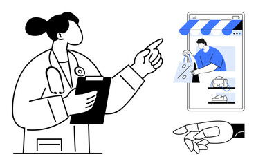 Healthcare provider pointing at smartphone screen displaying online shopping for medical supplies. Ideal for telemedicine, healthcare technology, online shopping, e-commerce, digital healthcare