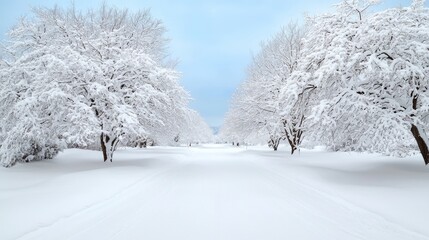 Obraz premium Snowy path through winter trees, tranquil scene