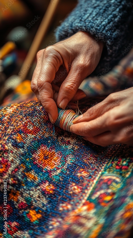 Poster the skilled artisan weaving a colorful shawl with intricate patterns in a traditional workshop