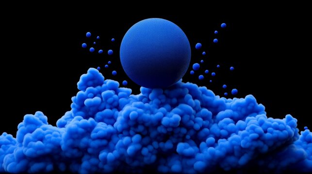 Abstract Blue Sphere: A mesmerizing 3D rendering showcasing a singular blue sphere resting atop a swirling, vibrant blue cloud of abstract forms, rendered against a stark black backdrop.