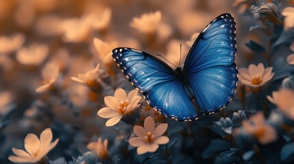 Vibrant blue butterfly perched on delicate flowers in a serene garden