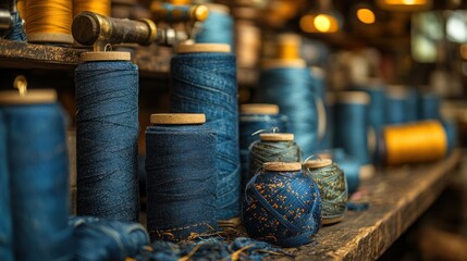 Indigo thread spools on workshop shelf. Background blurred.  Use Textile industry website