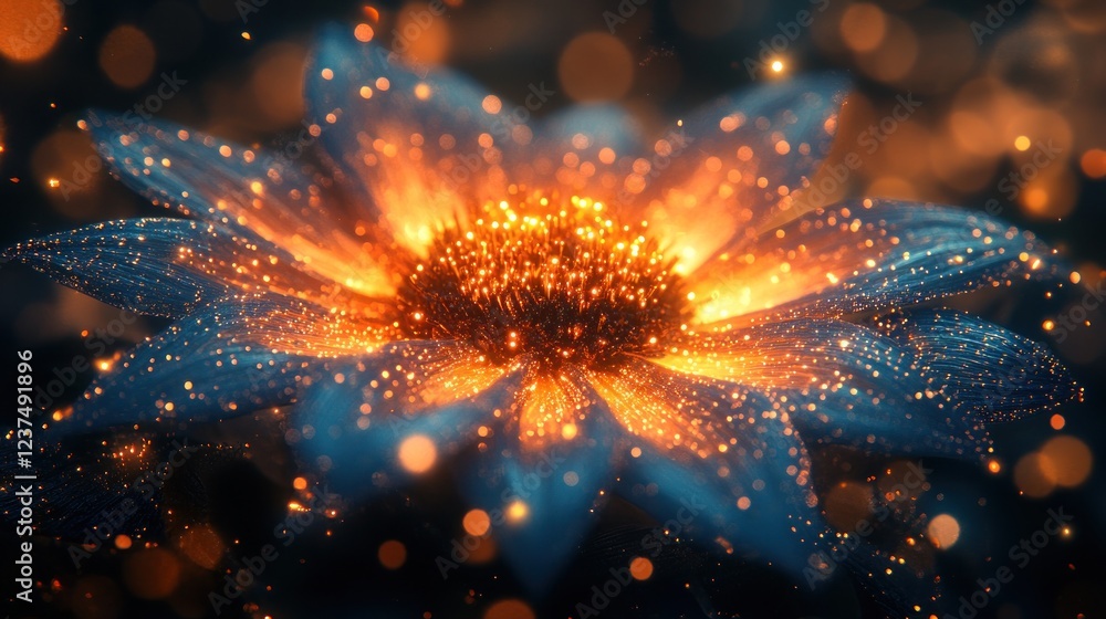 Poster glowing flower with sparkling particles in a dark background