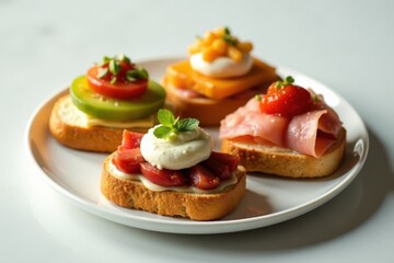 A delectable assortment of mini open-faced sandwiches, each topped with a unique and vibrant combination of gourmet ingredients, artfully arranged on a pristine white plate.